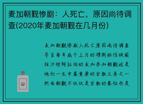 麦加朝觐惨剧：人死亡，原因尚待调查(2020年麦加朝觐在几月份)