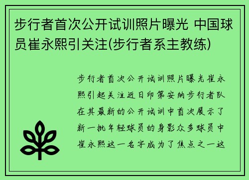 步行者首次公开试训照片曝光 中国球员崔永熙引关注(步行者系主教练) 步行者首次公开试训照片曝光 中国球员崔永熙引关注(步行者系主教练)