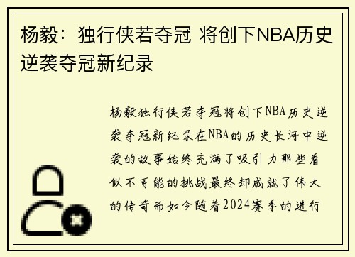 杨毅:独行侠若夺冠 将创下NBA历史逆袭夺冠新纪录 杨毅:独行侠若夺冠 将创下NBA历史逆袭夺冠新纪录