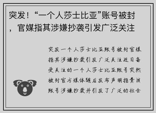 突发！“一个人莎士比亚”账号被封，官媒指其涉嫌抄袭引发广泛关注