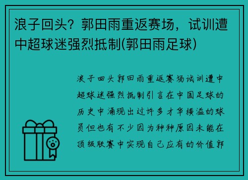 浪子回头？郭田雨重返赛场，试训遭中超球迷强烈抵制(郭田雨足球)